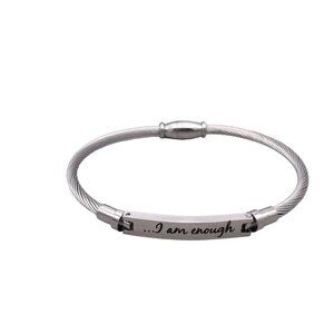 I Am Enough Twisted Wire Keychain Cable Bracelet Silver Tone